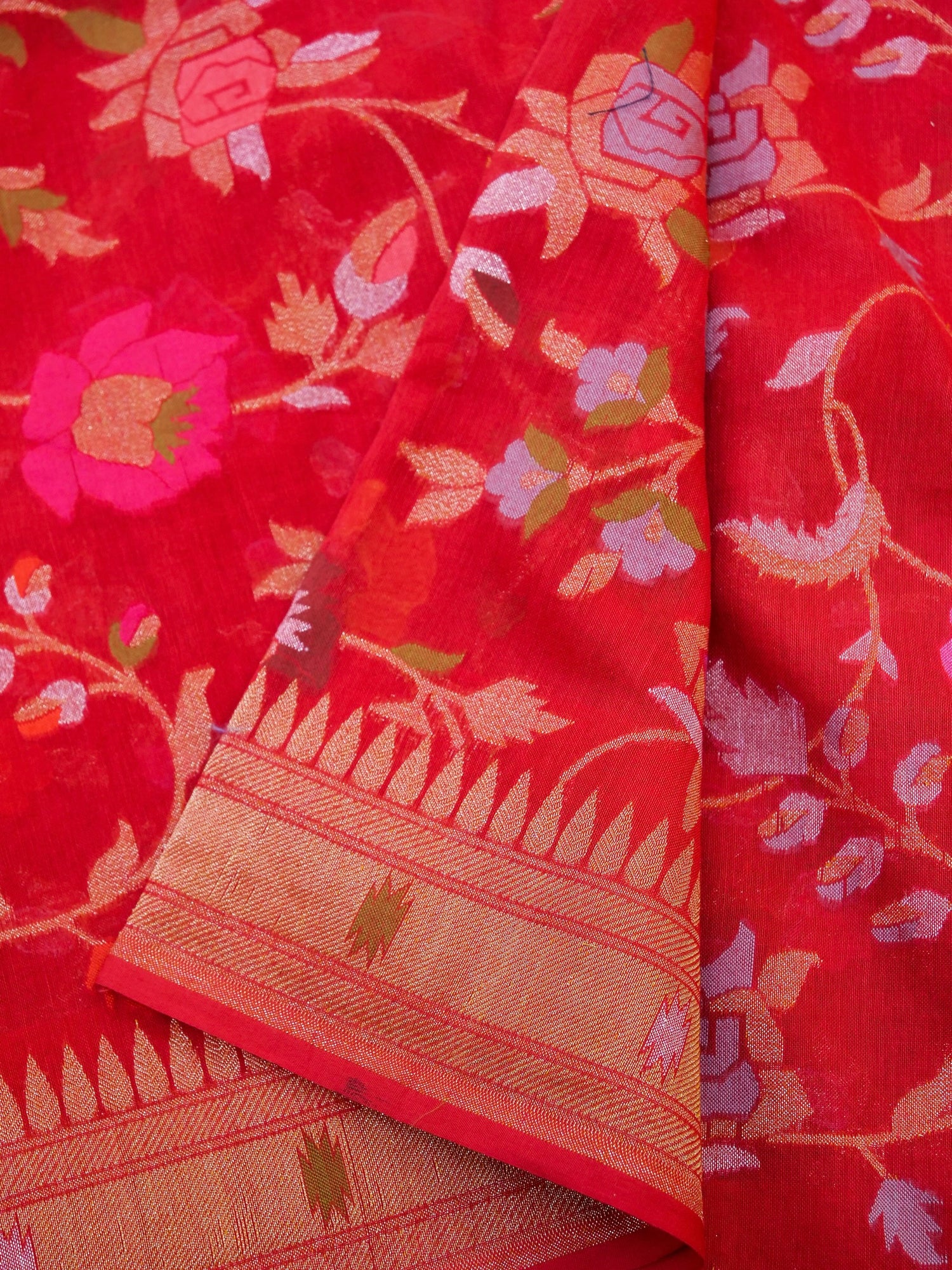 Banarasi Cotton Ektara Saree with Floral Vine Jaal | Red - Khinkhwab