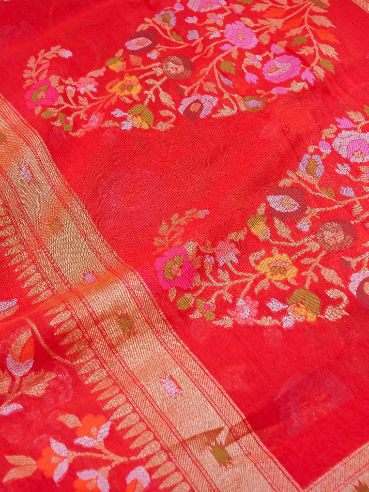 Banarasi Cotton Ektara Saree with Floral Vine Jaal | Red - Khinkhwab