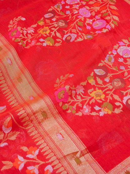 Banarasi Cotton Ektara Saree with Floral Vine Jaal | Red - Khinkhwab
