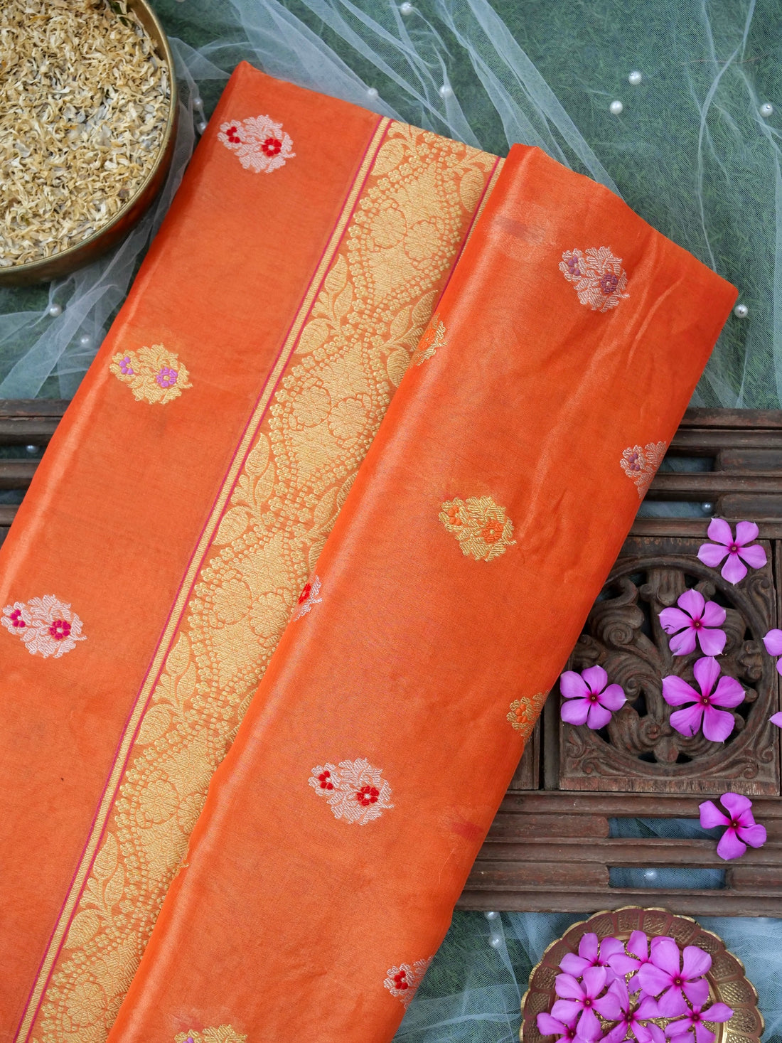 Banarasi Pure Silk Tissue Kadwa Handloom Saree | Orange - Khinkhwab