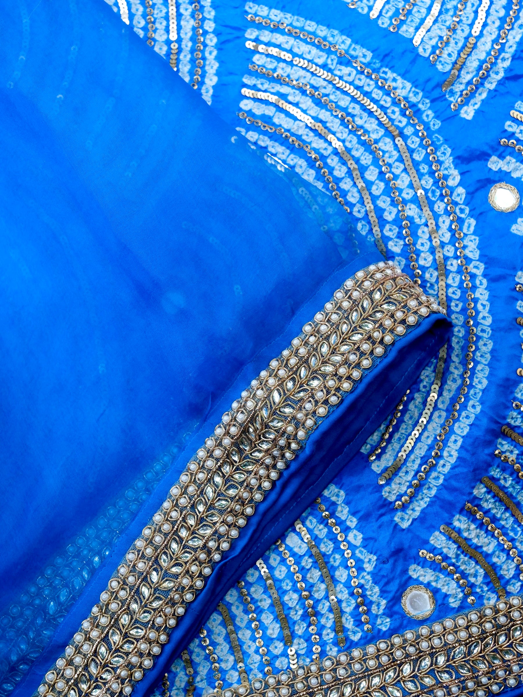 Organza Saree with Gajji Silk Bandhani Sequin Pallu | Royal Blue - Khinkhwab