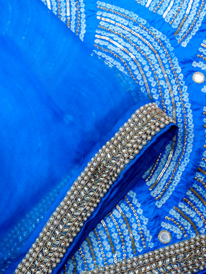 Organza Saree with Gajji Silk Bandhani Sequin Pallu | Royal Blue - Khinkhwab
