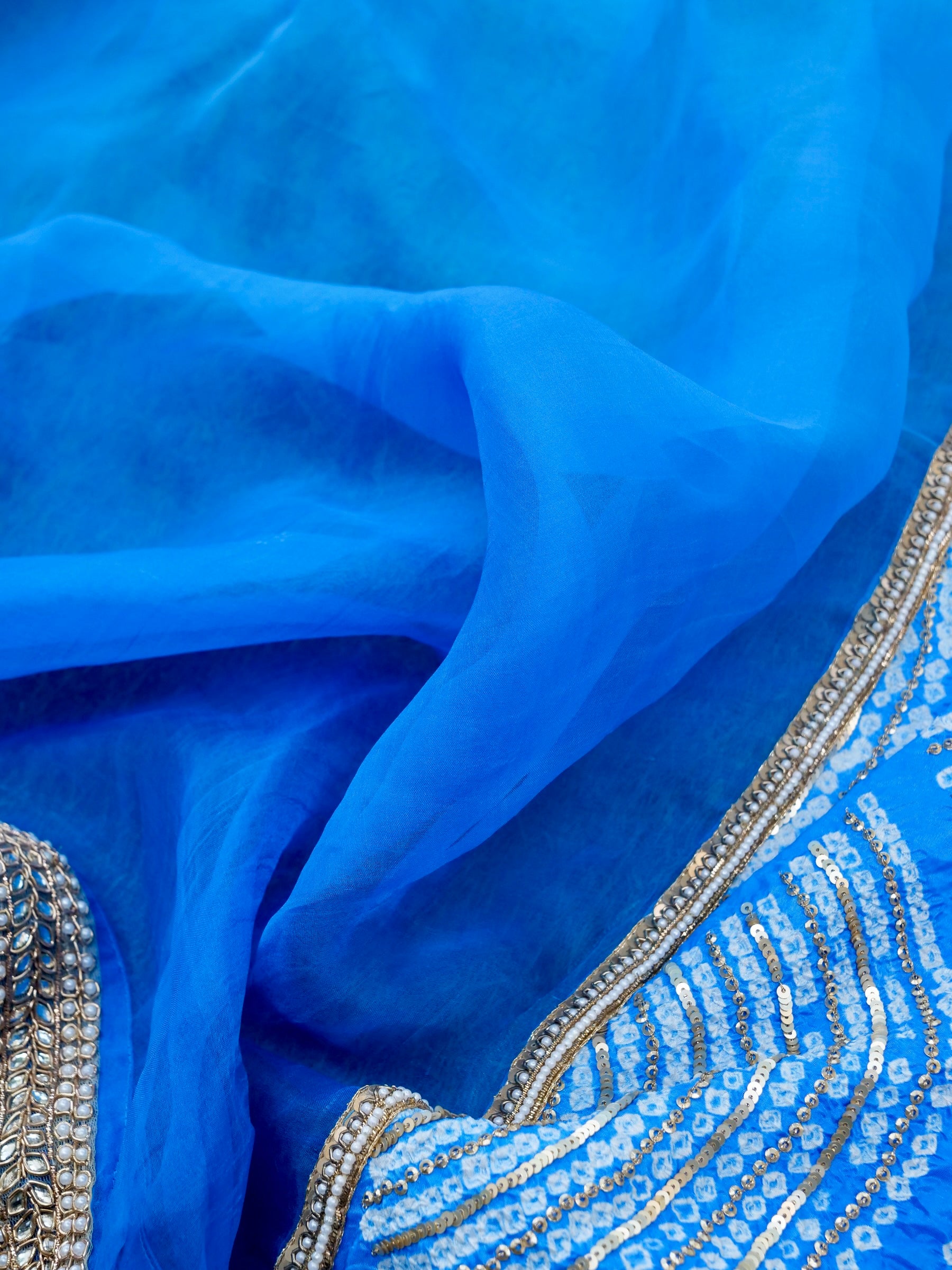 Organza Saree with Gajji Silk Bandhani Sequin Pallu | Royal Blue - Khinkhwab