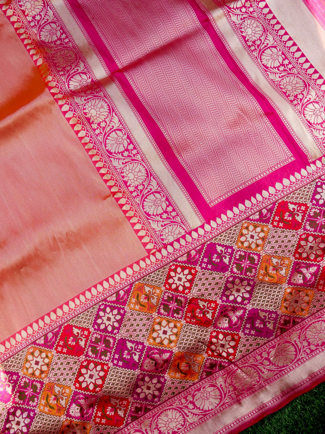 Banarasi Pure Silk Tissue Saree with Patola Border | Peach - Khinkhwab