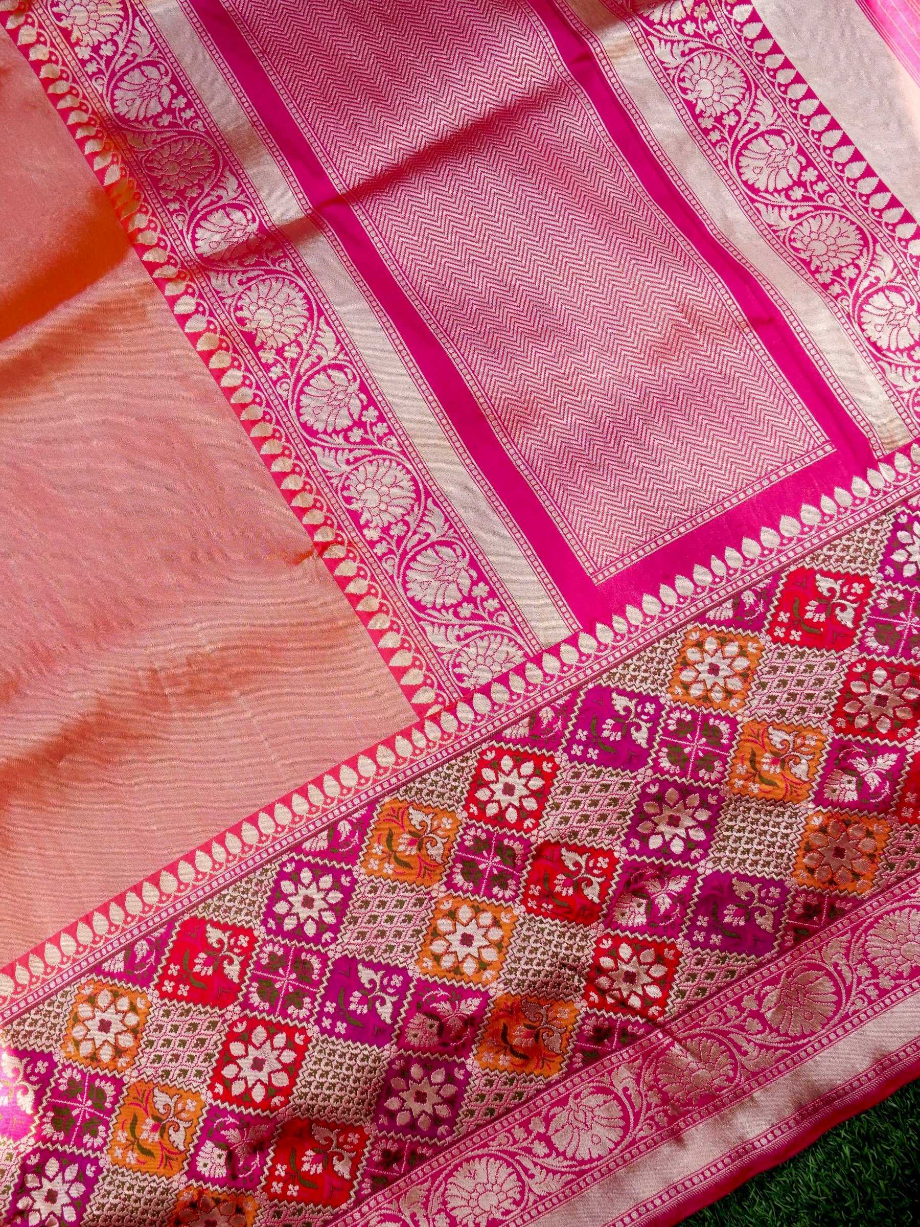 Banarasi Pure Silk Tissue Saree with Patola Border | Peach - Khinkhwab