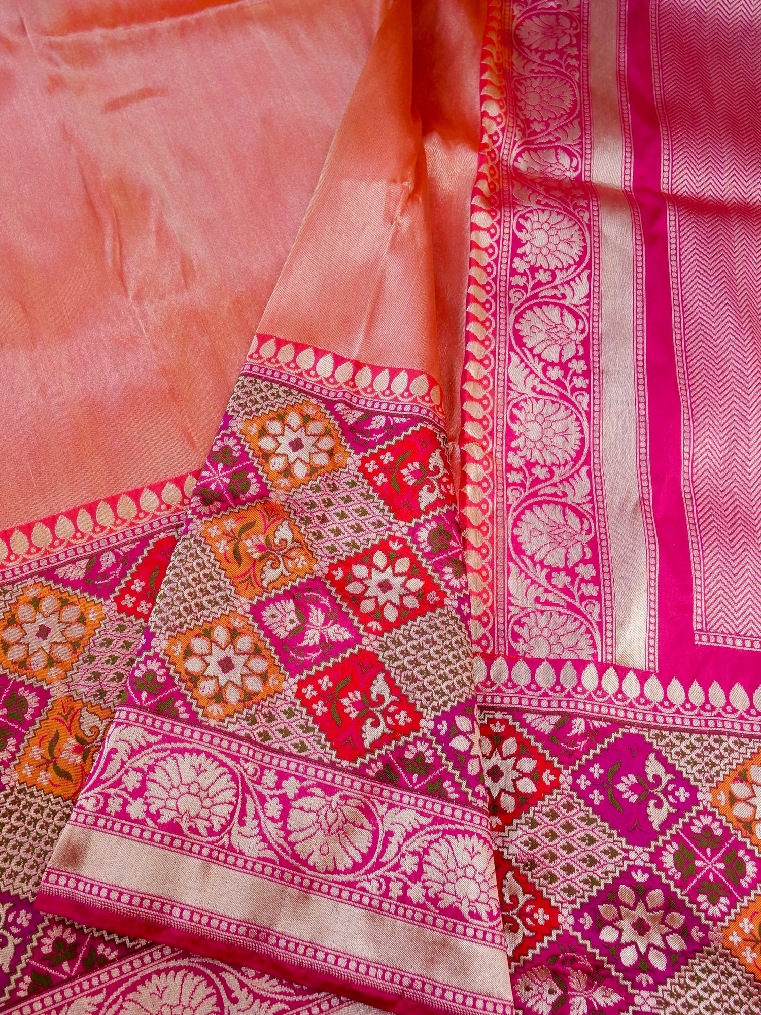 Banarasi Pure Silk Tissue Saree with Patola Border | Peach - Khinkhwab