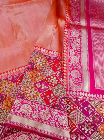 Banarasi Pure Silk Tissue Saree with Patola Border | Peach - Khinkhwab