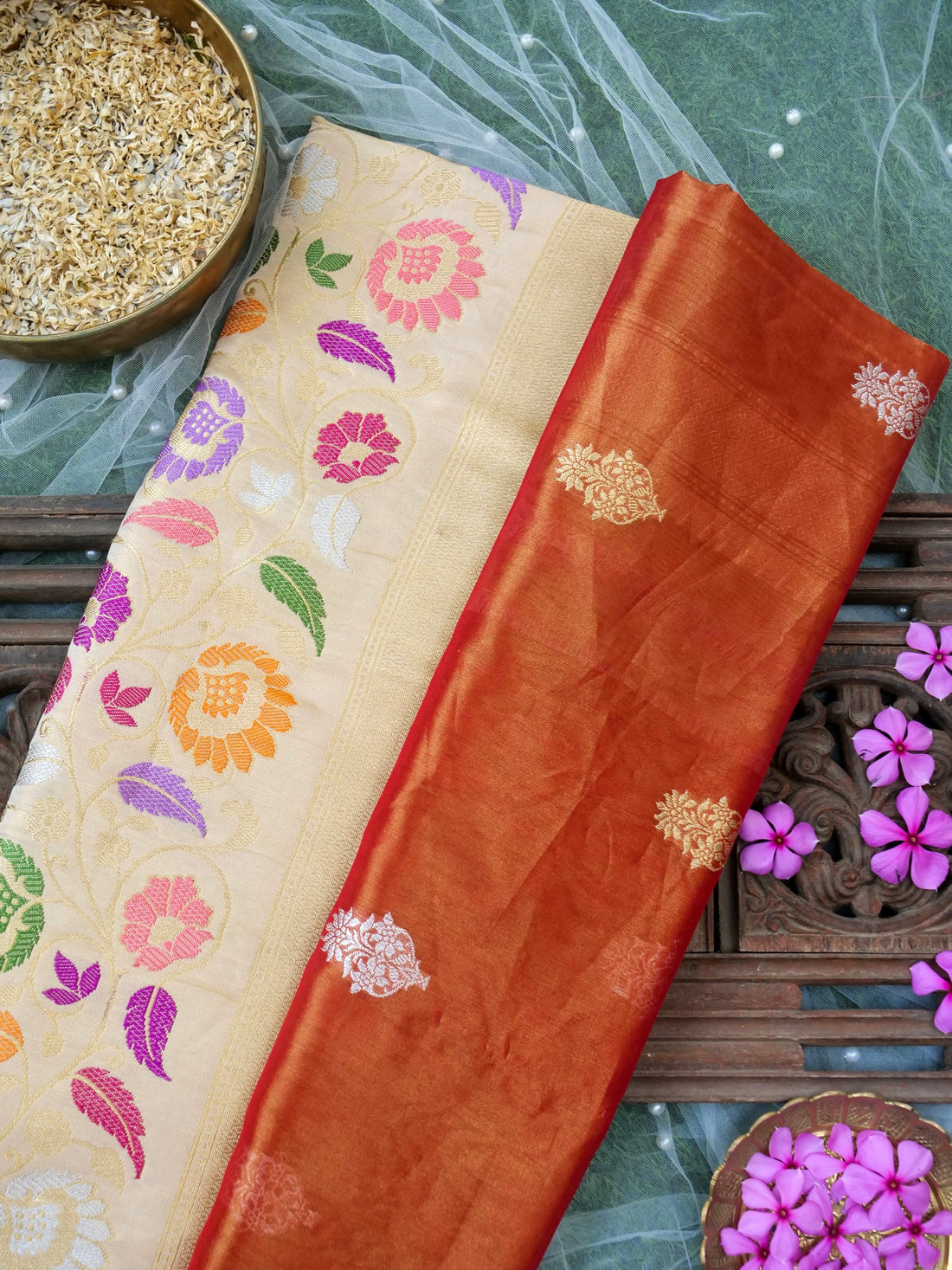 Banarasi Pure Silk Tissue Kadwa Handloom Saree | Rust - Khinkhwab
