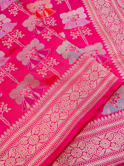 Banarasi Silk Kadwa Floral Jaal Handloom Saree | Hot Pink - Khinkhwab