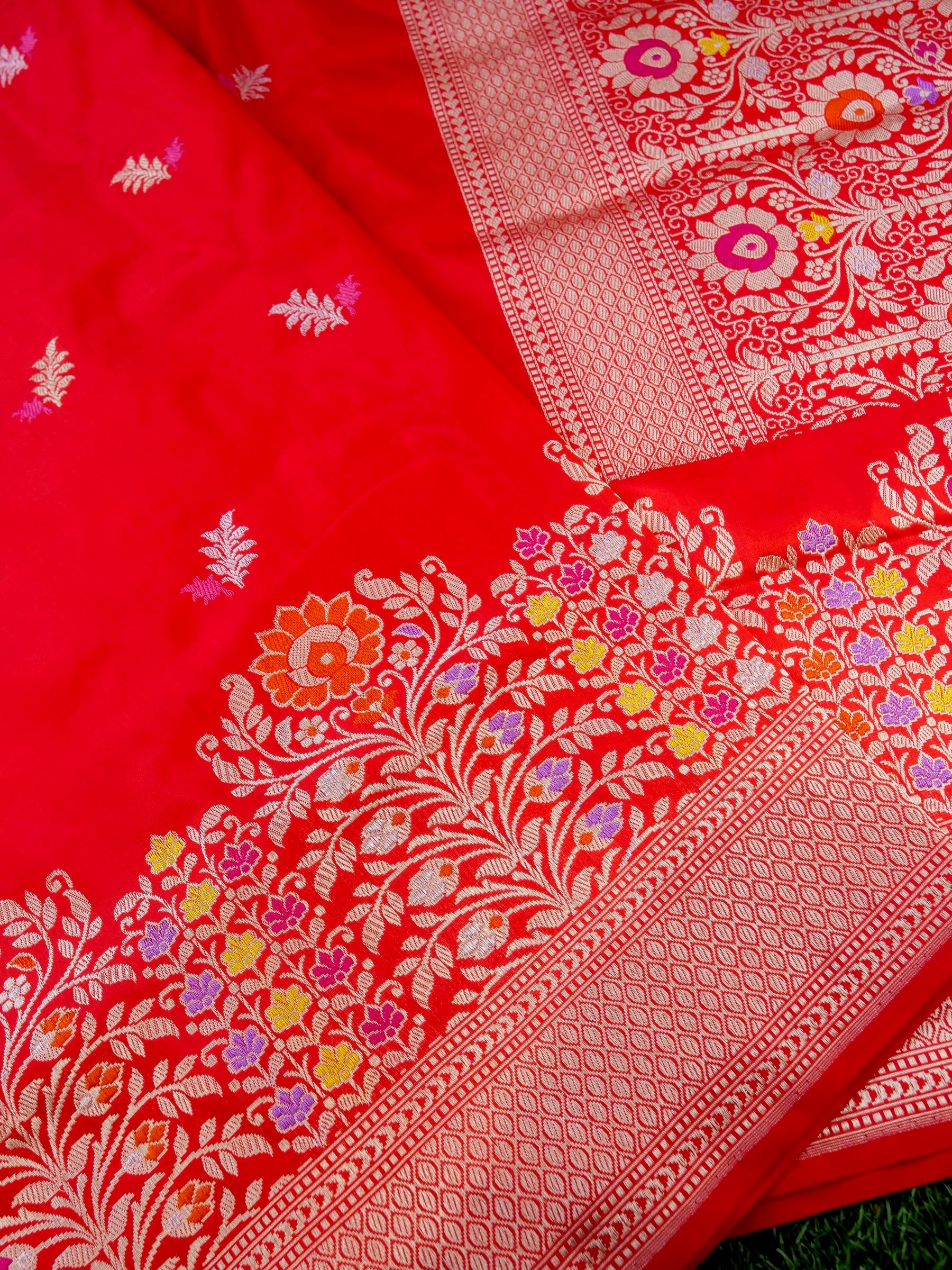 Banarasi Katan Silk Kadwa Meenakari Handloom Saree | Red Orange - Khinkhwab