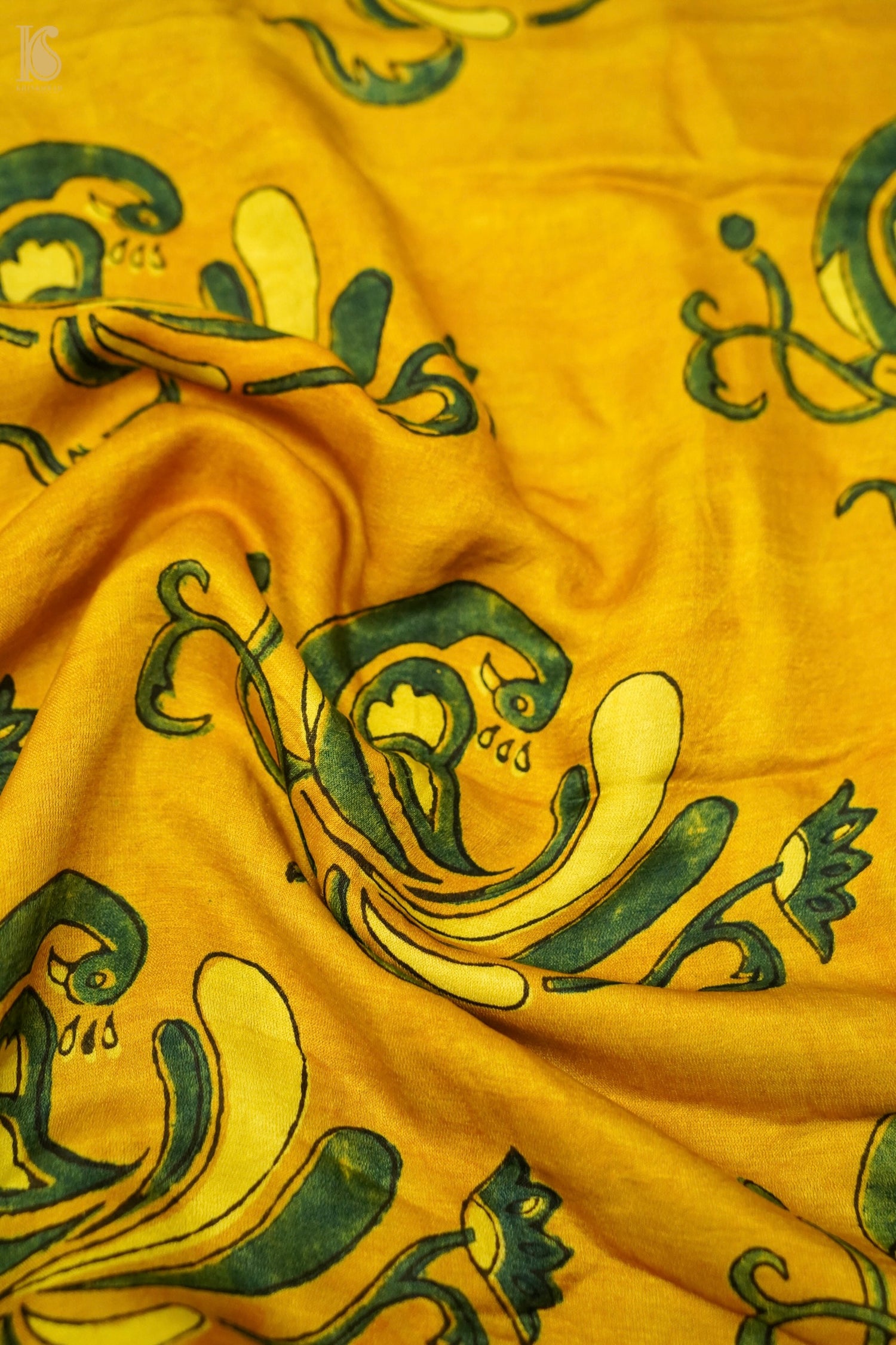 Gajji Silk Ajrakh Hand Block Bird Scroll Fabric in Mustard