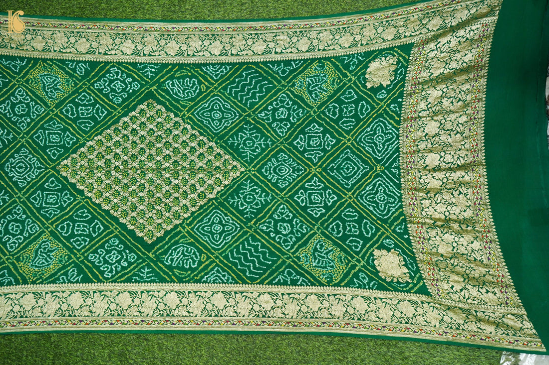 Georgette Banarasi Bandhani Diamond Jaal Dupatta in Bottle Green