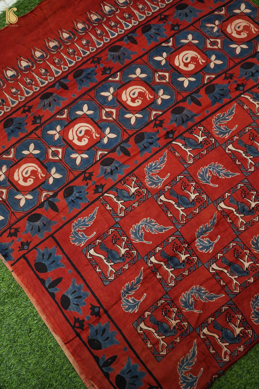 Gajji Silk Ajrakh Hand Block Bird Charkhana Pakshi Dupatta in Rust Red