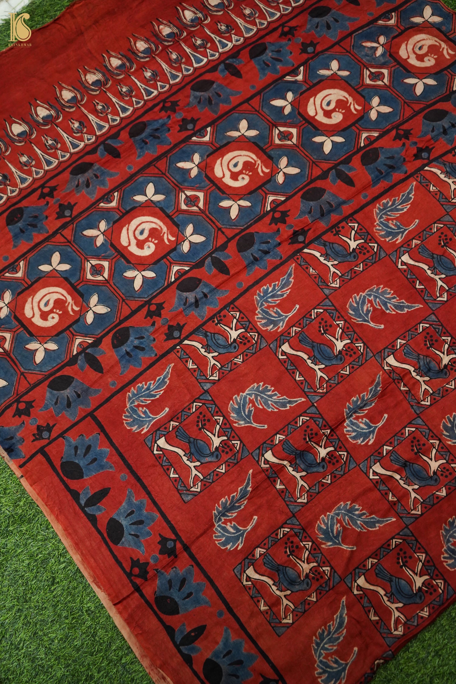 Gajji Silk Ajrakh Hand Block Bird Charkhana Pakshi Dupatta in Rust Red