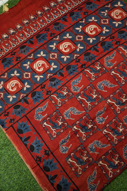 Gajji Silk Ajrakh Hand Block Bird Charkhana Pakshi Dupatta in Rust Red