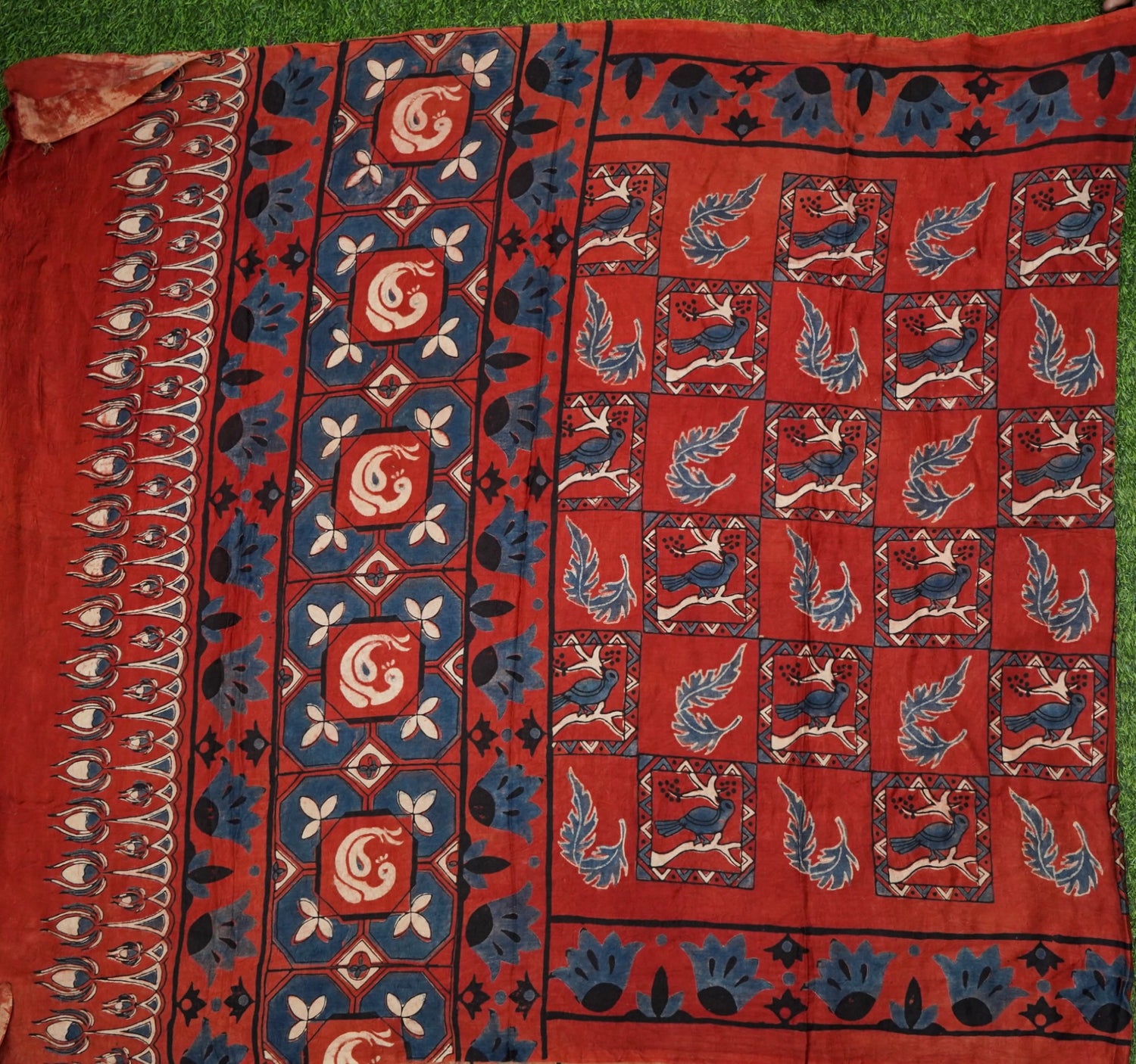 Gajji Silk Ajrakh Hand Block Bird Charkhana Pakshi Dupatta in Rust Red