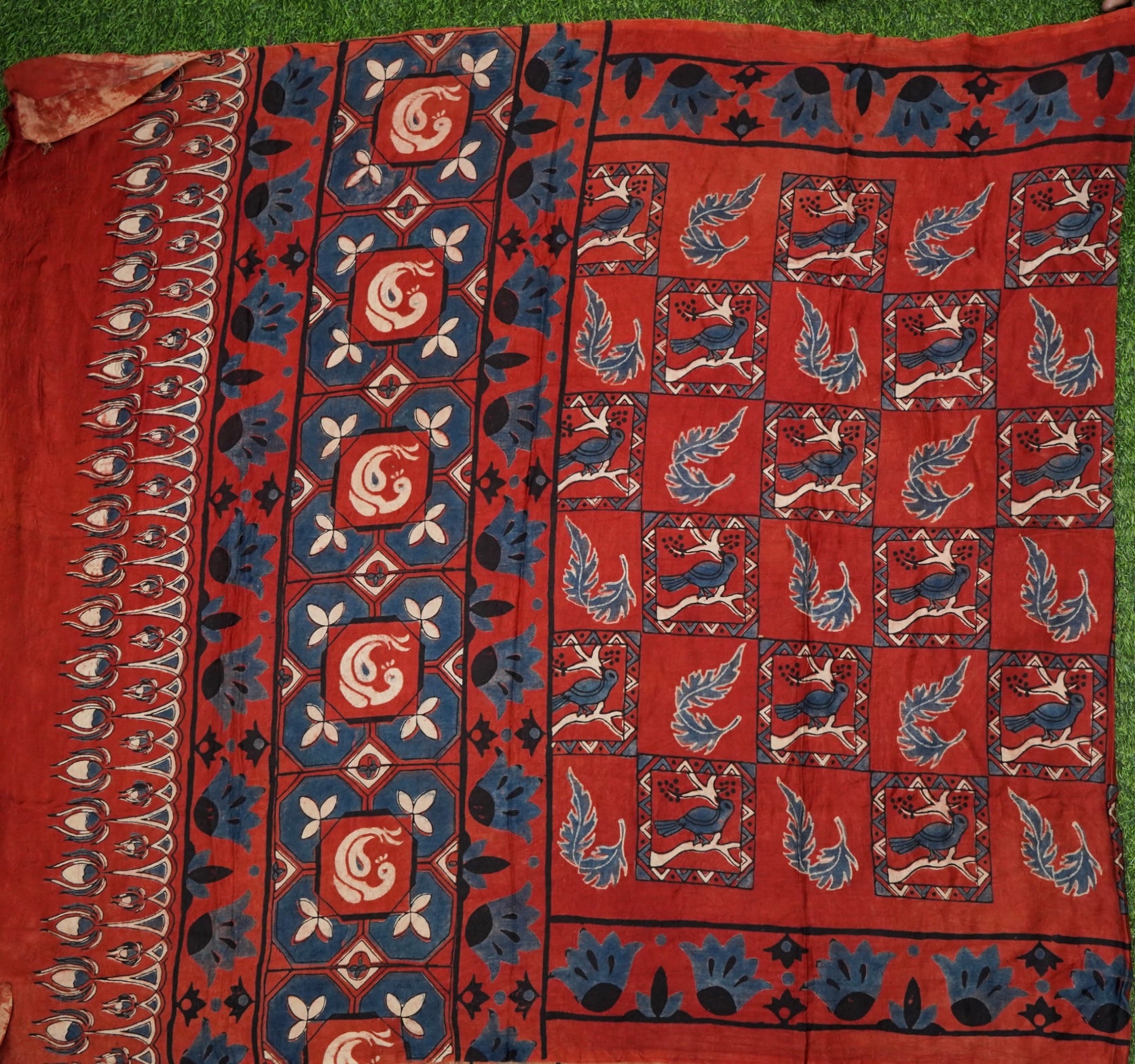 Gajji Silk Ajrakh Hand Block Bird Charkhana Pakshi Dupatta in Rust Red