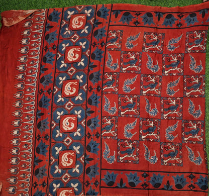 Gajji Silk Ajrakh Hand Block Bird Charkhana Pakshi Dupatta in Rust Red