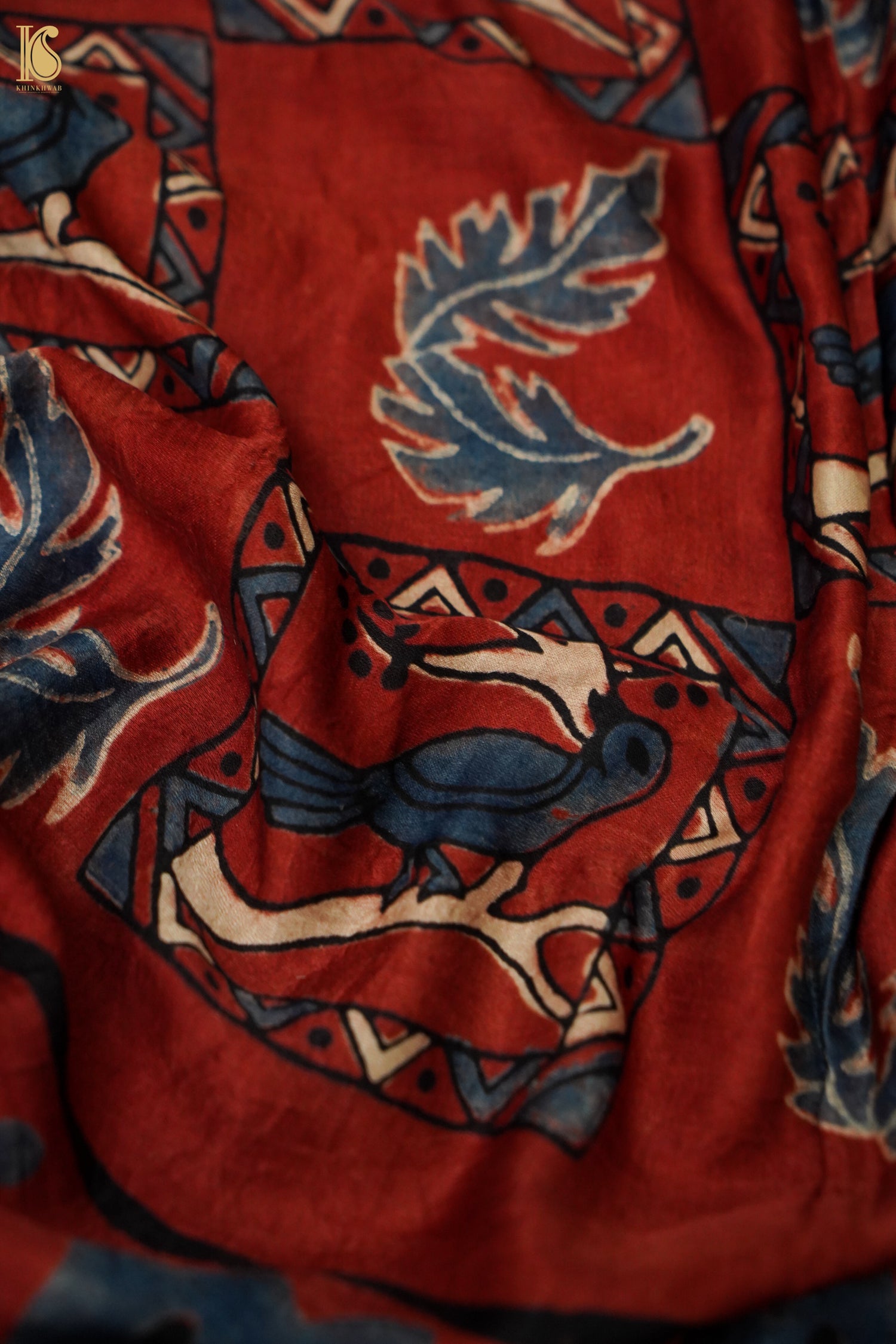 Gajji Silk Ajrakh Hand Block Bird Charkhana Pakshi Dupatta in Rust Red