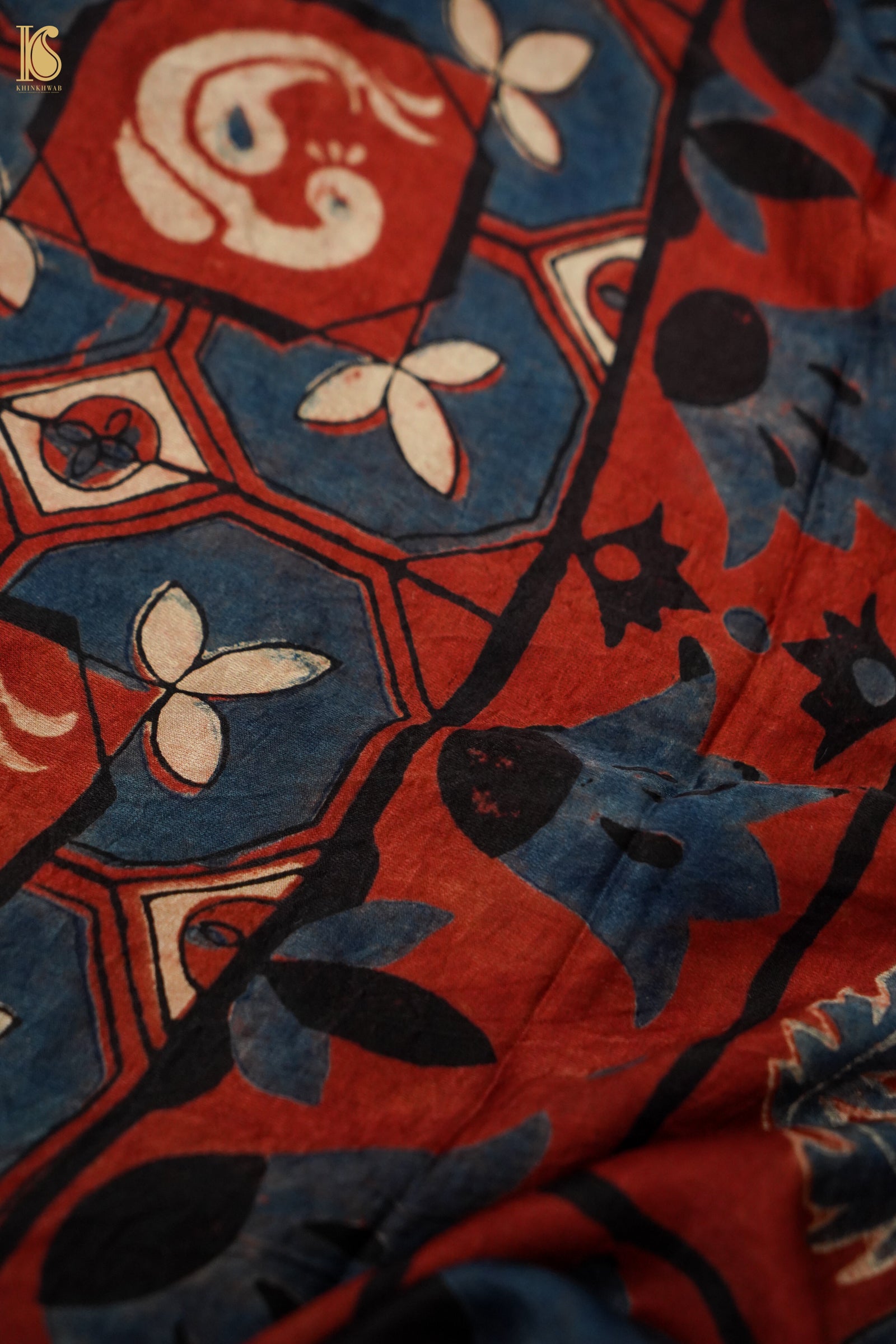 Gajji Silk Ajrakh Hand Block Bird Charkhana Pakshi Dupatta in Rust Red