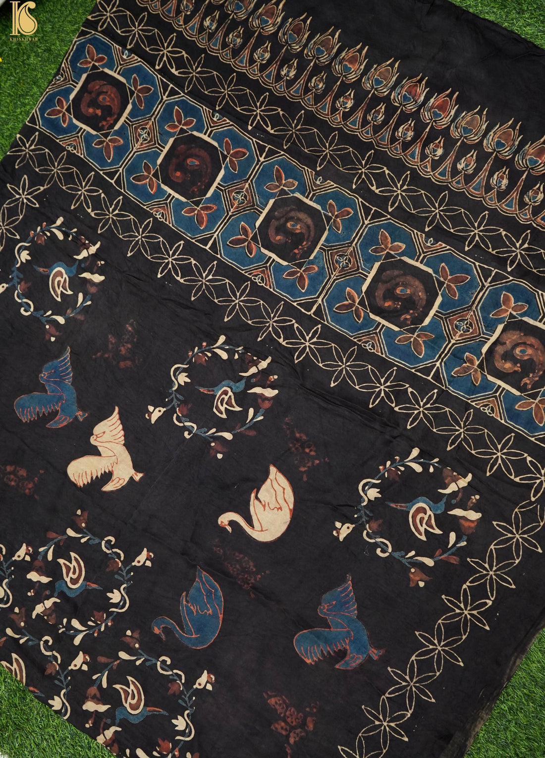 Gajji Silk Ajrakh Hand Block Swan Pakshi Dupatta in Black