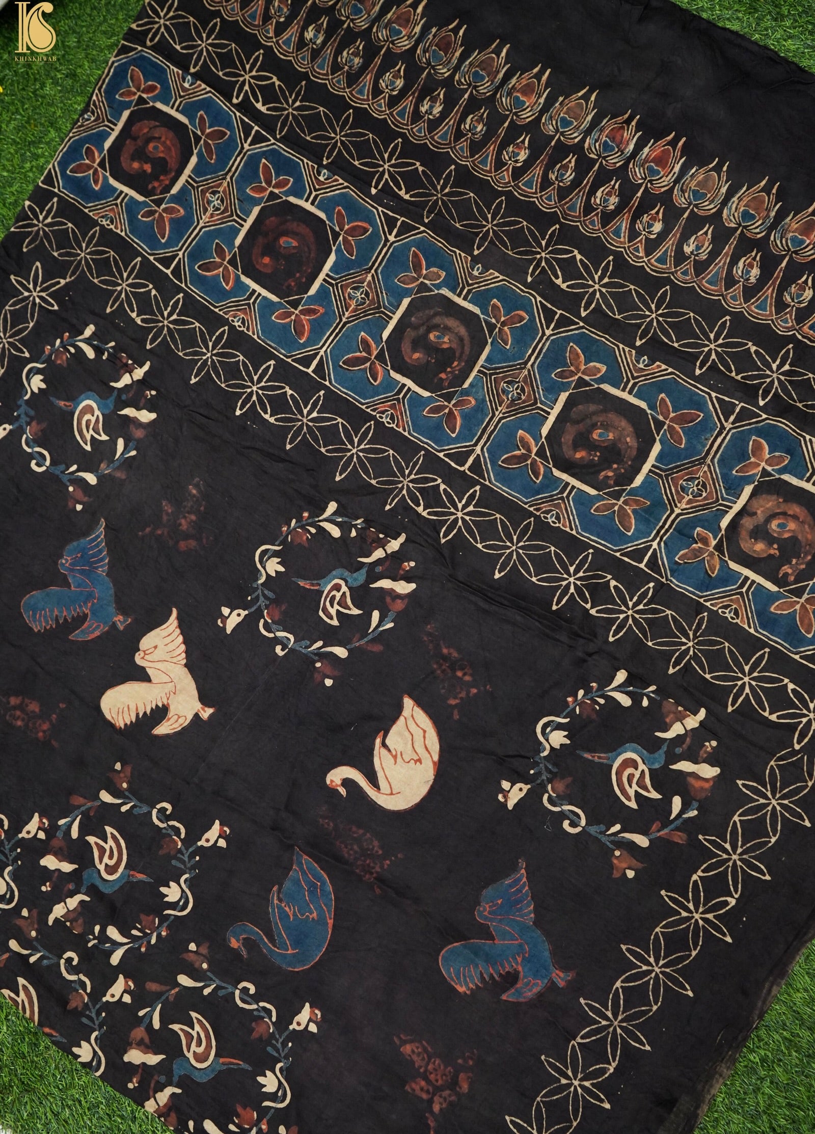 Gajji Silk Ajrakh Hand Block Swan Pakshi Dupatta in Black