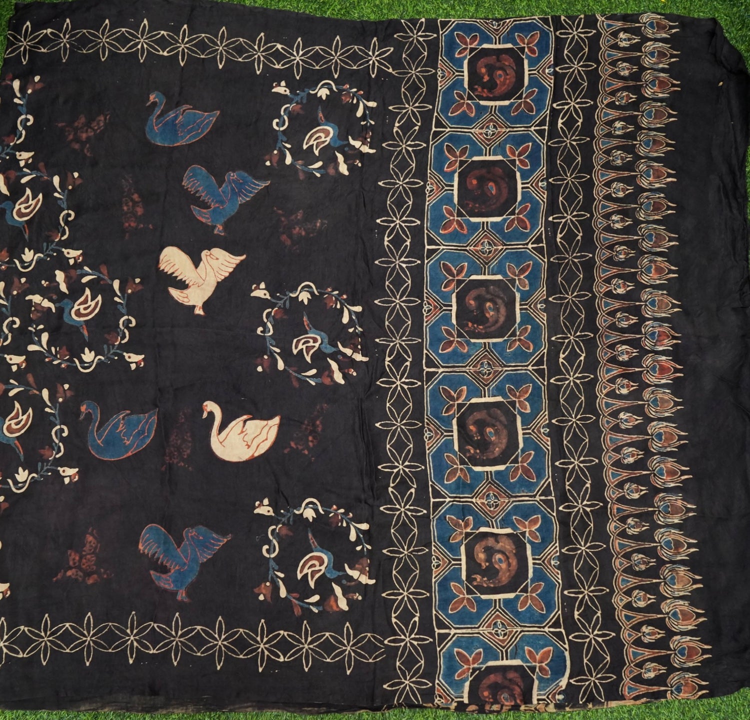 Gajji Silk Ajrakh Hand Block Swan Pakshi Dupatta in Black
