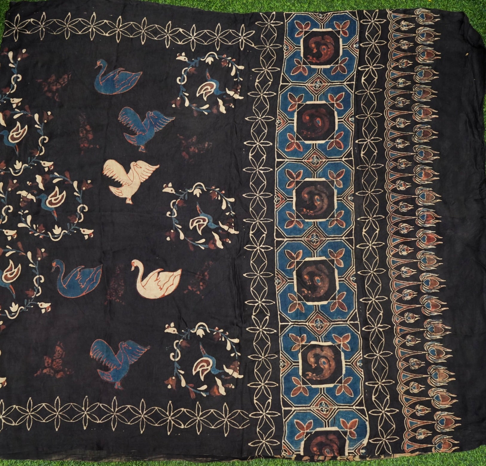 Gajji Silk Ajrakh Hand Block Swan Pakshi Dupatta in Black