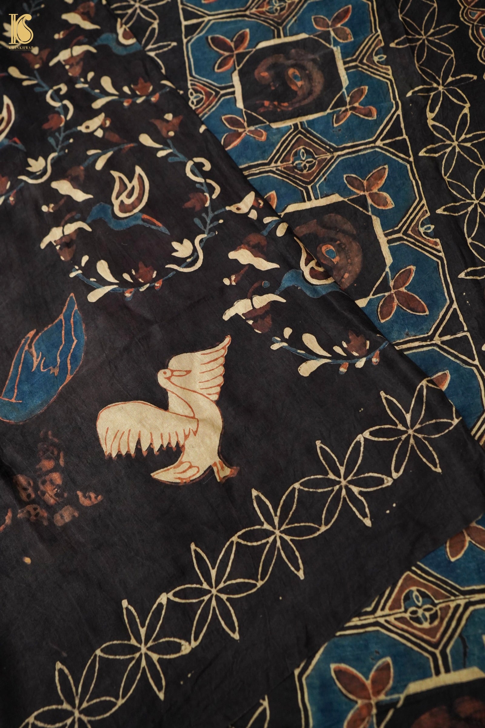 Gajji Silk Ajrakh Hand Block Swan Pakshi Dupatta in Black