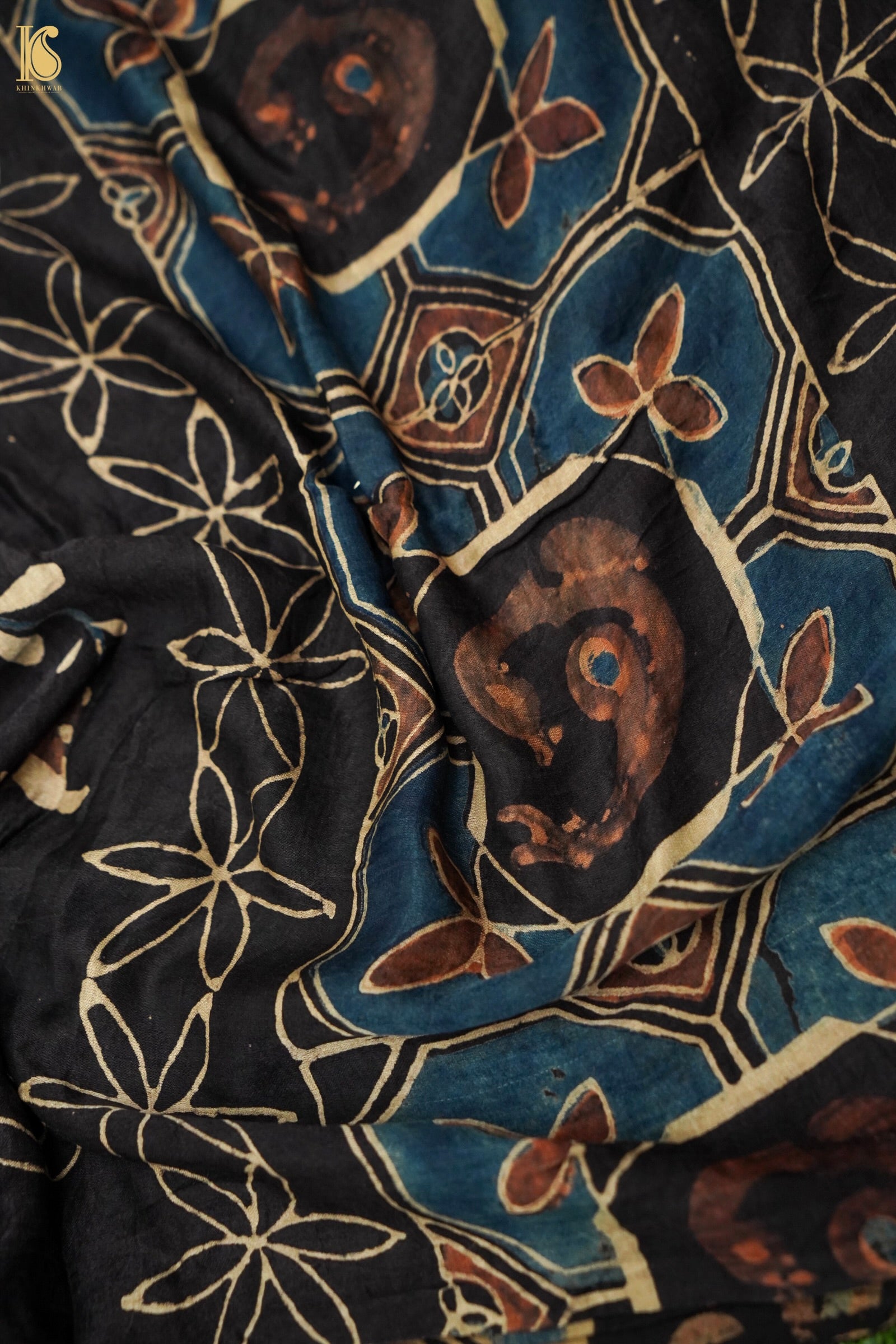 Gajji Silk Ajrakh Hand Block Swan Pakshi Dupatta in Black