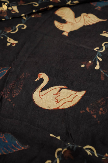 Gajji Silk Ajrakh Hand Block Swan Pakshi Dupatta in Black