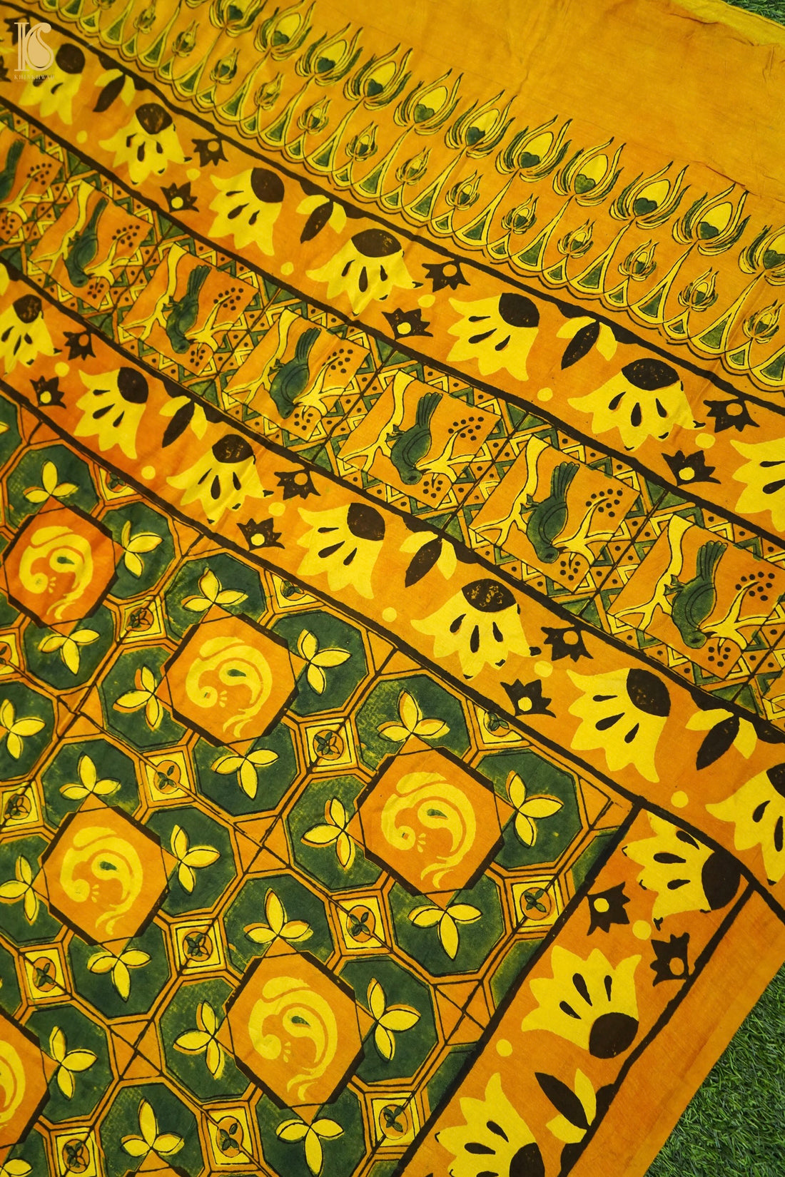 Gajji Silk Ajrakh Hand Block Octagon Bird Pakshi Dupatta in Mustard