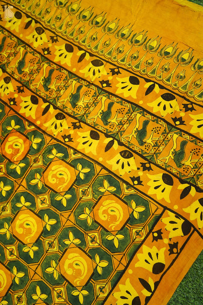 Gajji Silk Ajrakh Hand Block Octagon Bird Pakshi Dupatta in Mustard