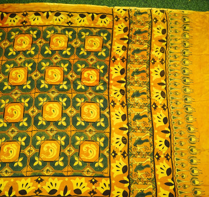 Gajji Silk Ajrakh Hand Block Octagon Bird Pakshi Dupatta in Mustard
