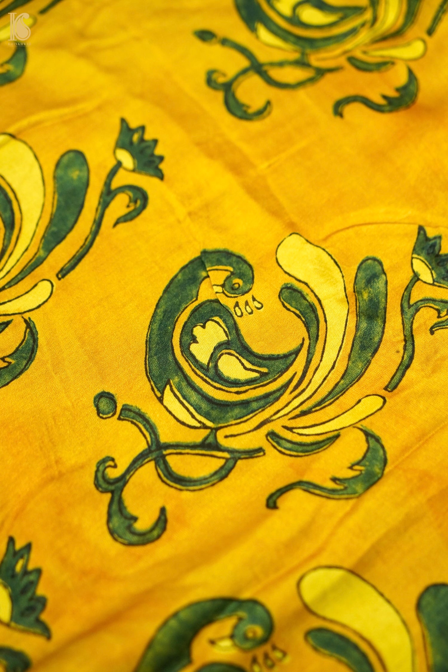 Gajji Silk Ajrakh Hand Block Bird Scroll Fabric in Mustard