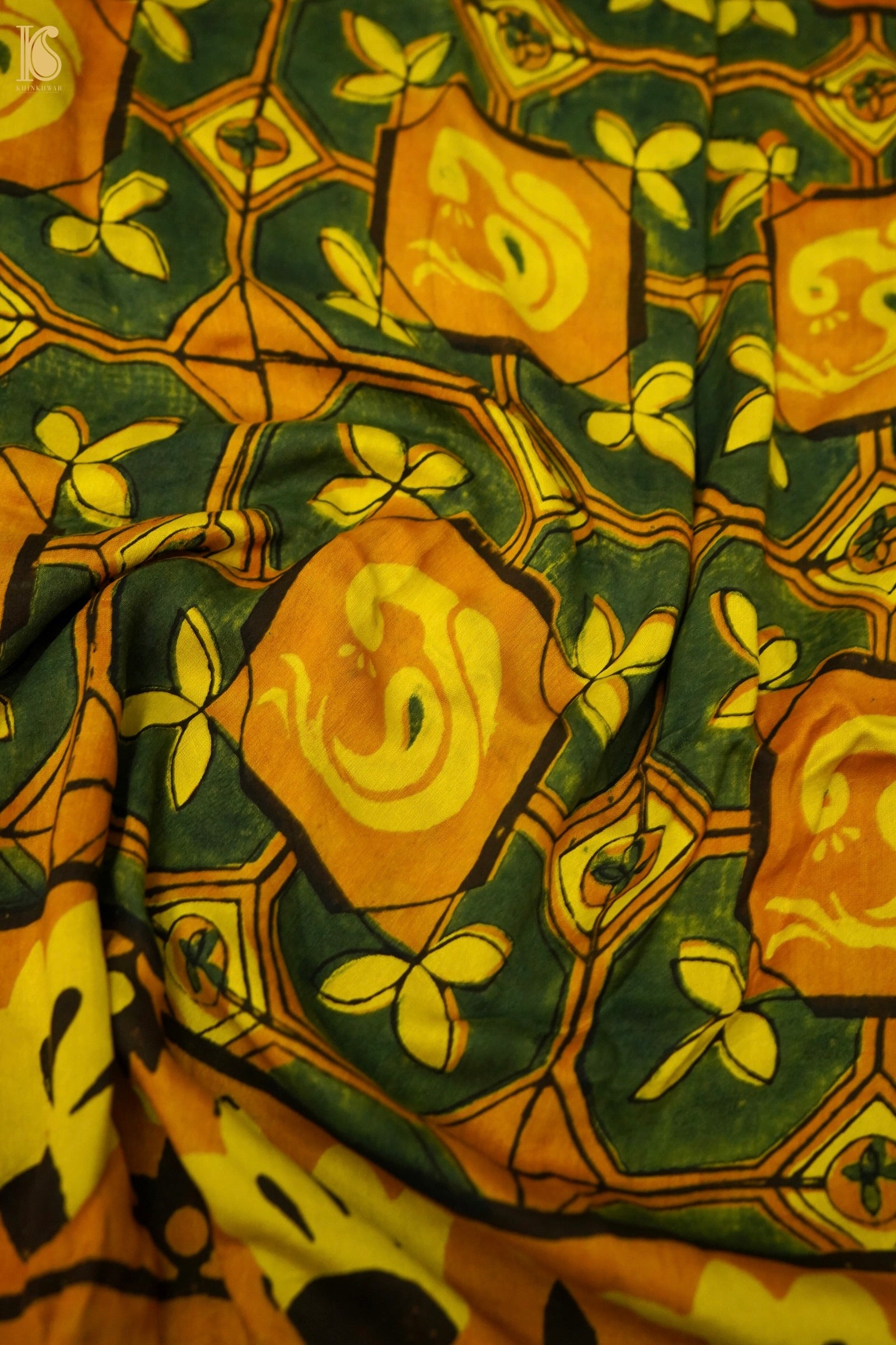 Gajji Silk Ajrakh Hand Block Octagon Bird Pakshi Dupatta in Mustard
