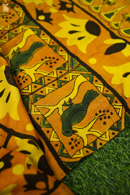 Gajji Silk Ajrakh Hand Block Octagon Bird Pakshi Dupatta in Mustard