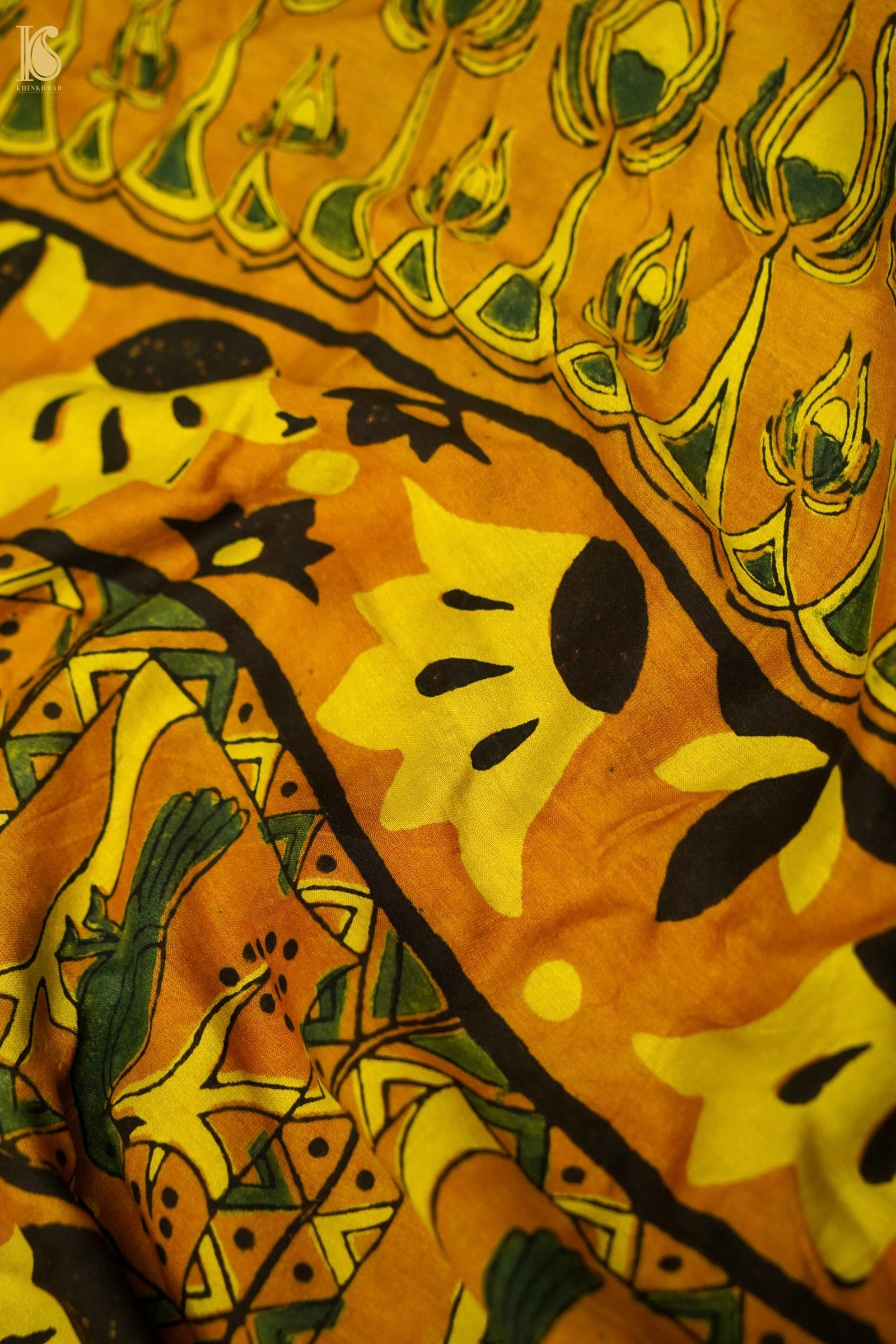 Gajji Silk Ajrakh Hand Block Octagon Bird Pakshi Dupatta in Mustard