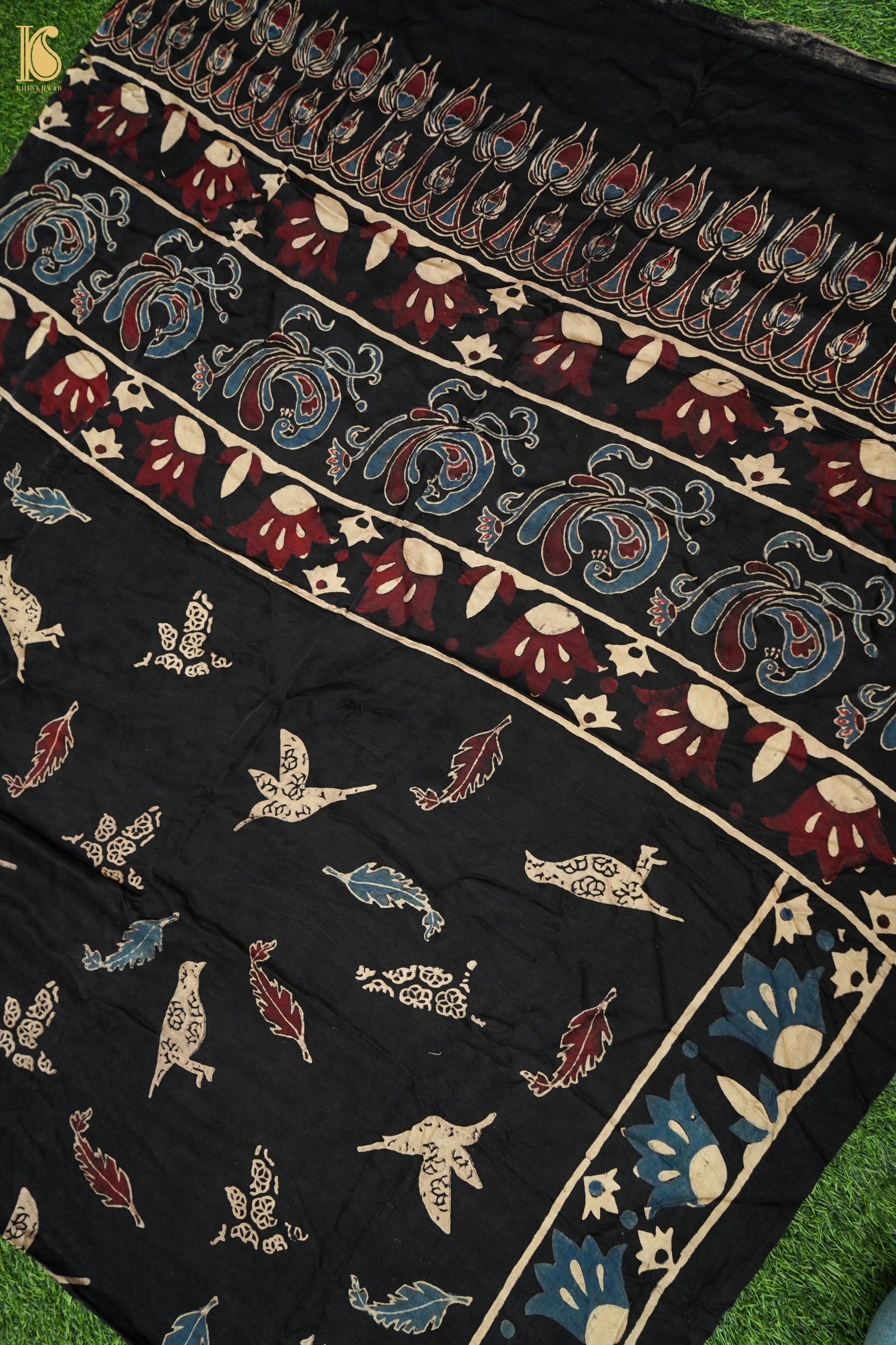 Gajji Silk Ajrakh Hand Block Bird Feather Pakshi Dupatta in Black