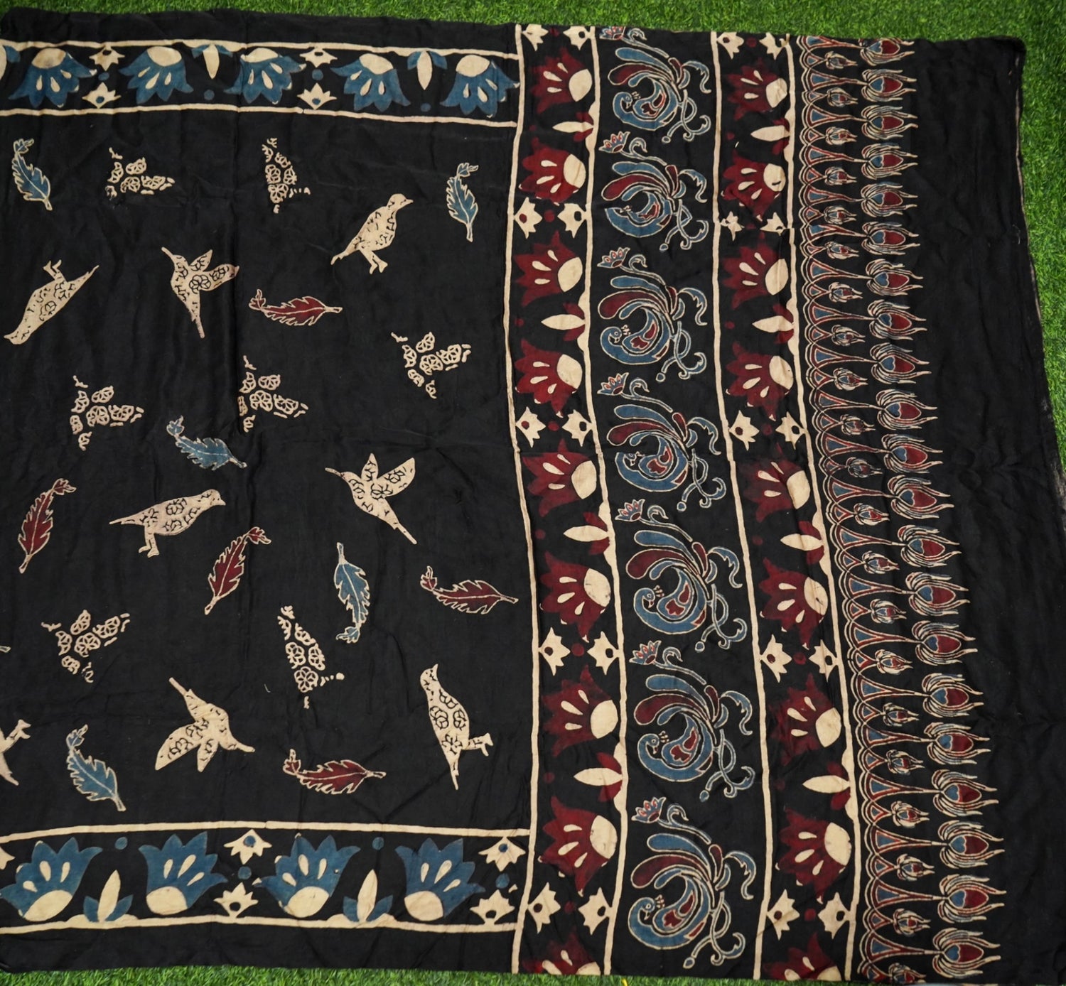 Gajji Silk Ajrakh Hand Block Bird Feather Pakshi Dupatta in Black