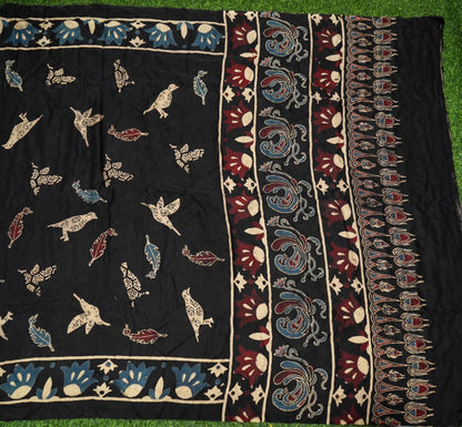Gajji Silk Ajrakh Hand Block Bird Feather Pakshi Dupatta in Black