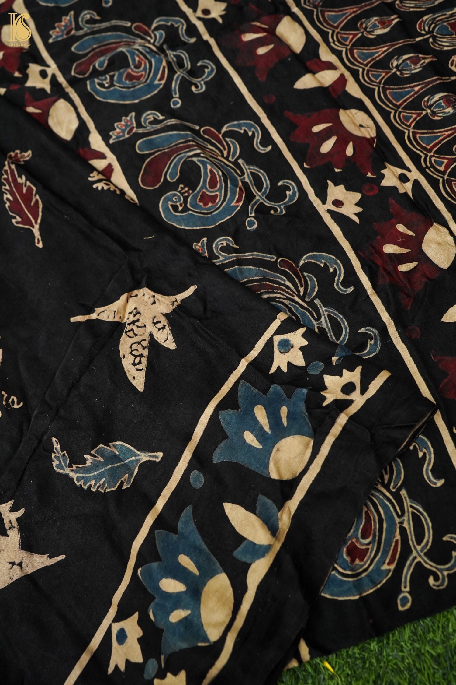 Gajji Silk Ajrakh Hand Block Bird Feather Pakshi Dupatta in Black