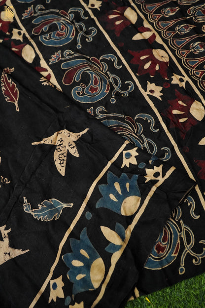 Gajji Silk Ajrakh Hand Block Bird Feather Pakshi Dupatta in Black