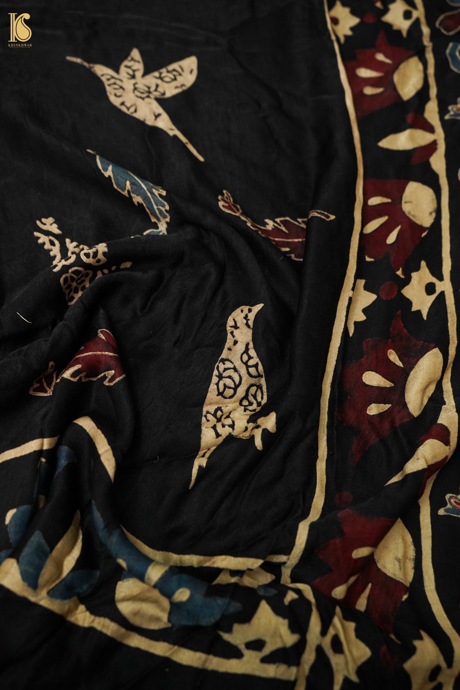 Gajji Silk Ajrakh Hand Block Bird Feather Pakshi Dupatta in Black