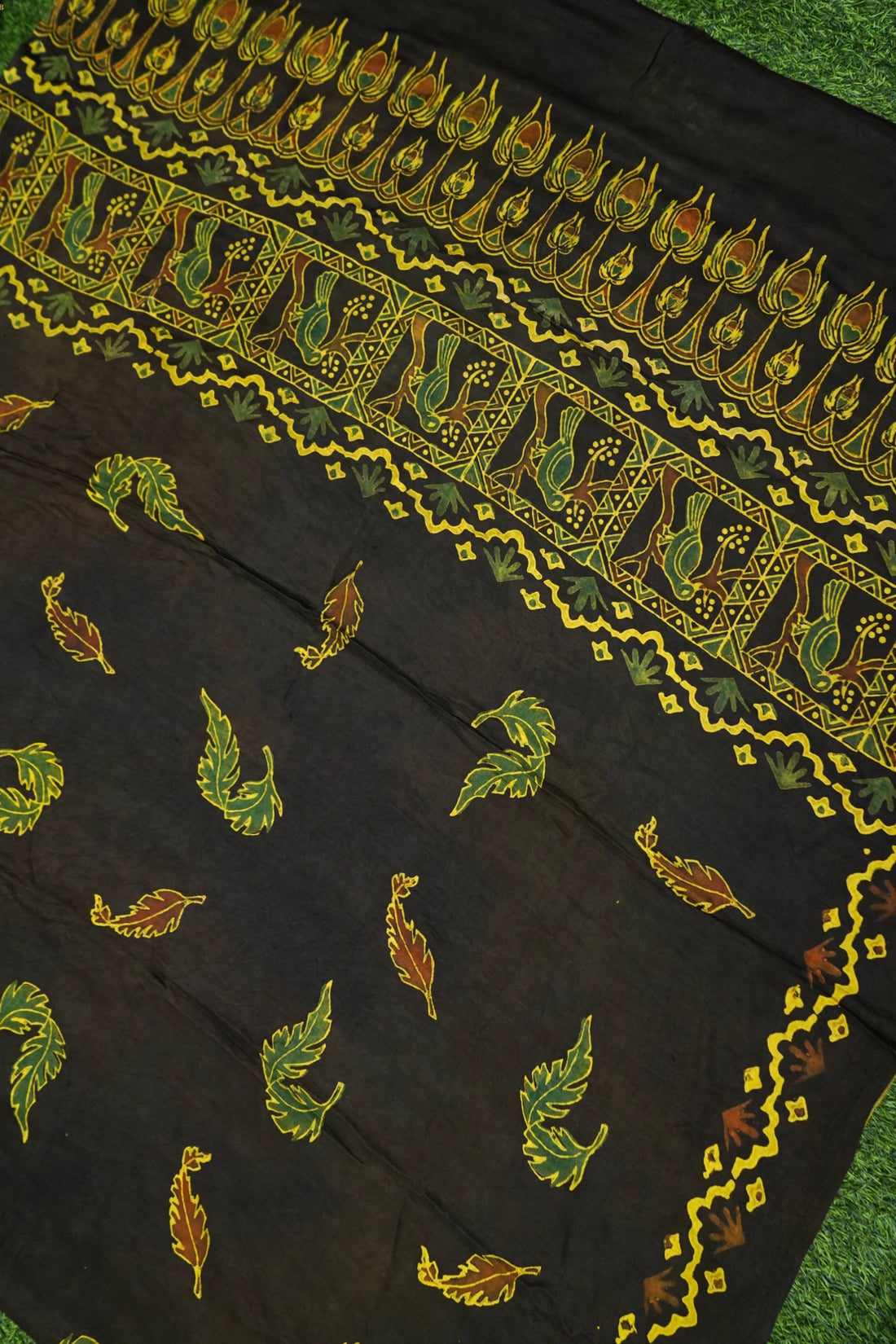 Gajji Silk Ajrakh Hand Block Peacock Feather Pakshi Dupatta in Black