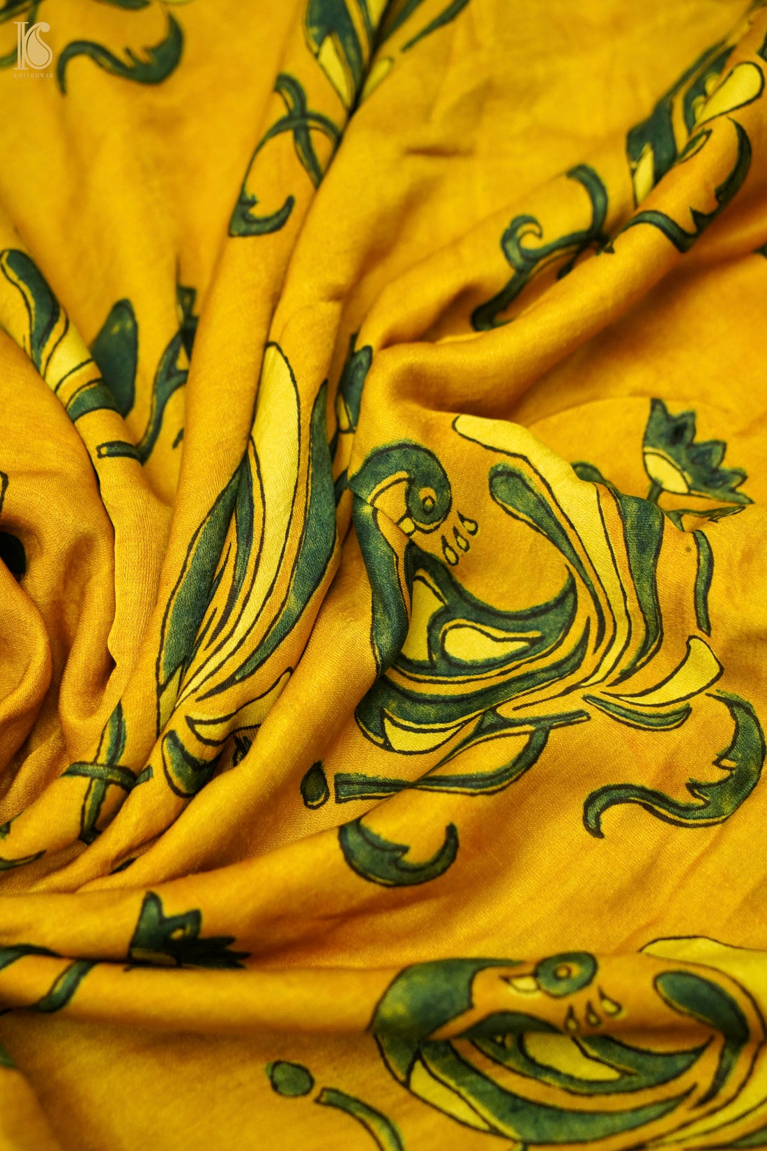 Gajji Silk Ajrakh Hand Block Bird Scroll Fabric in Mustard
