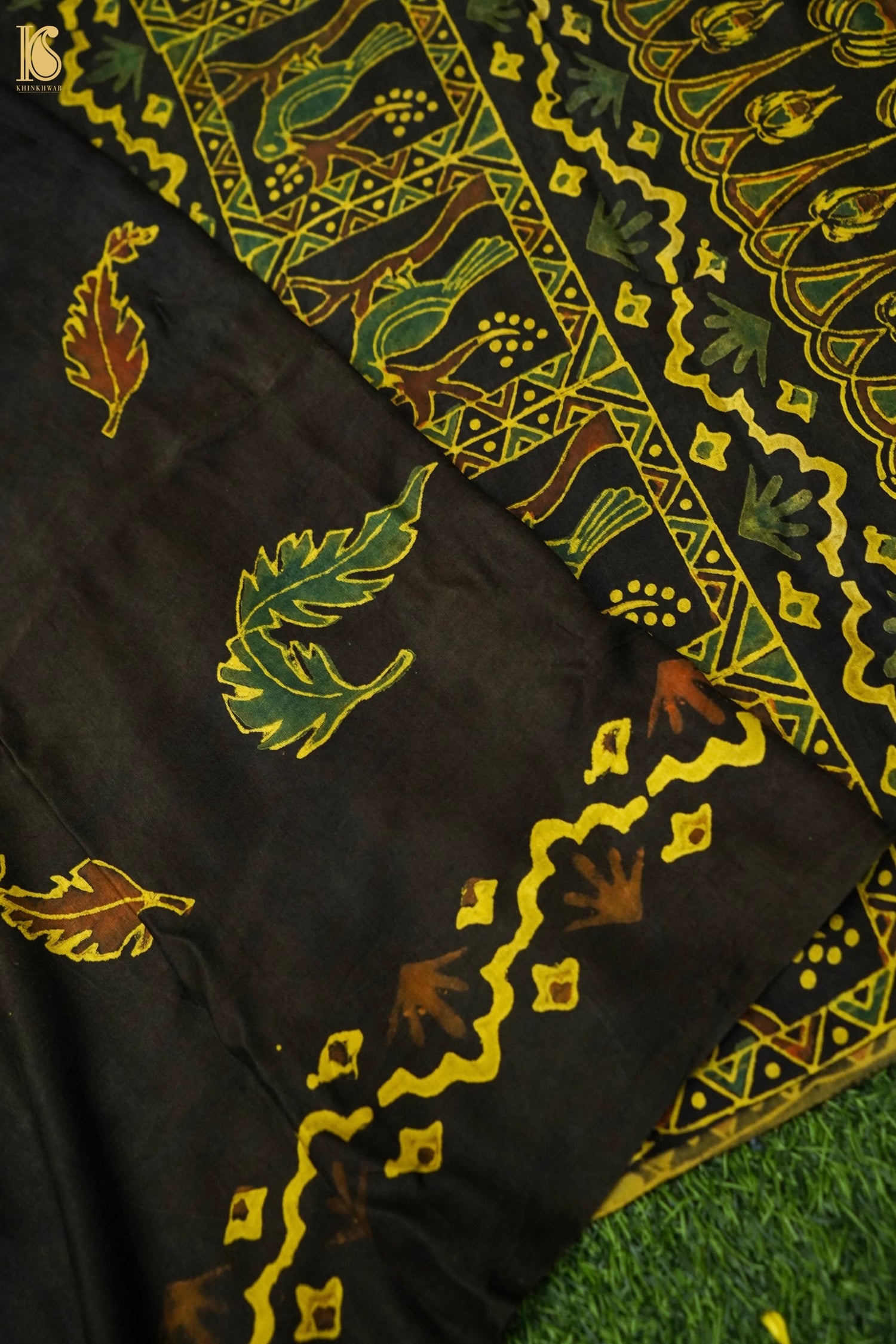 Gajji Silk Ajrakh Hand Block Peacock Feather Pakshi Dupatta in Black
