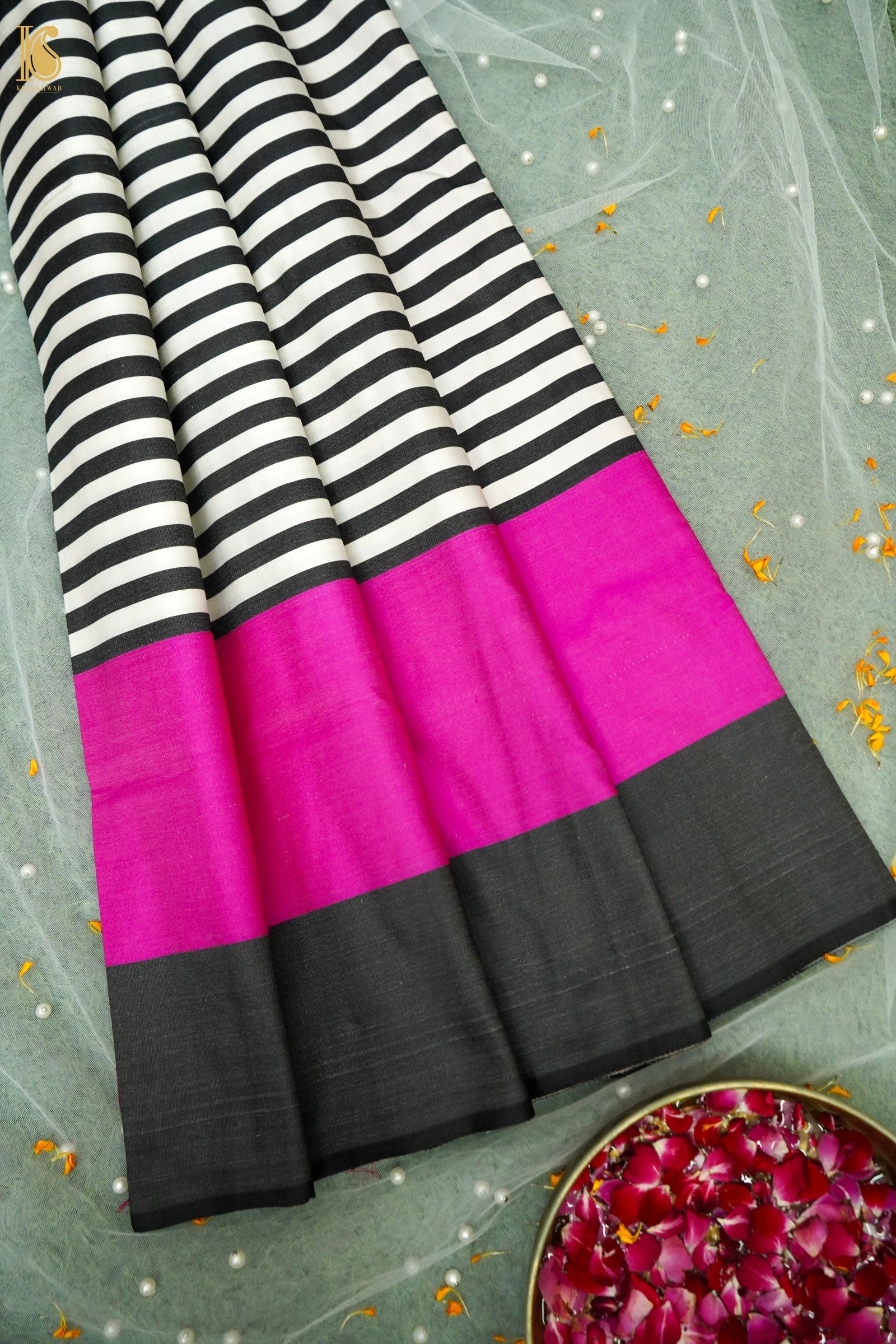 Handwoven Black &amp; White Striped Mashru Silk Banarasi Saree