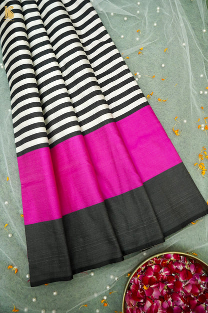 Handwoven Black &amp; White Striped Mashru Silk Banarasi Saree