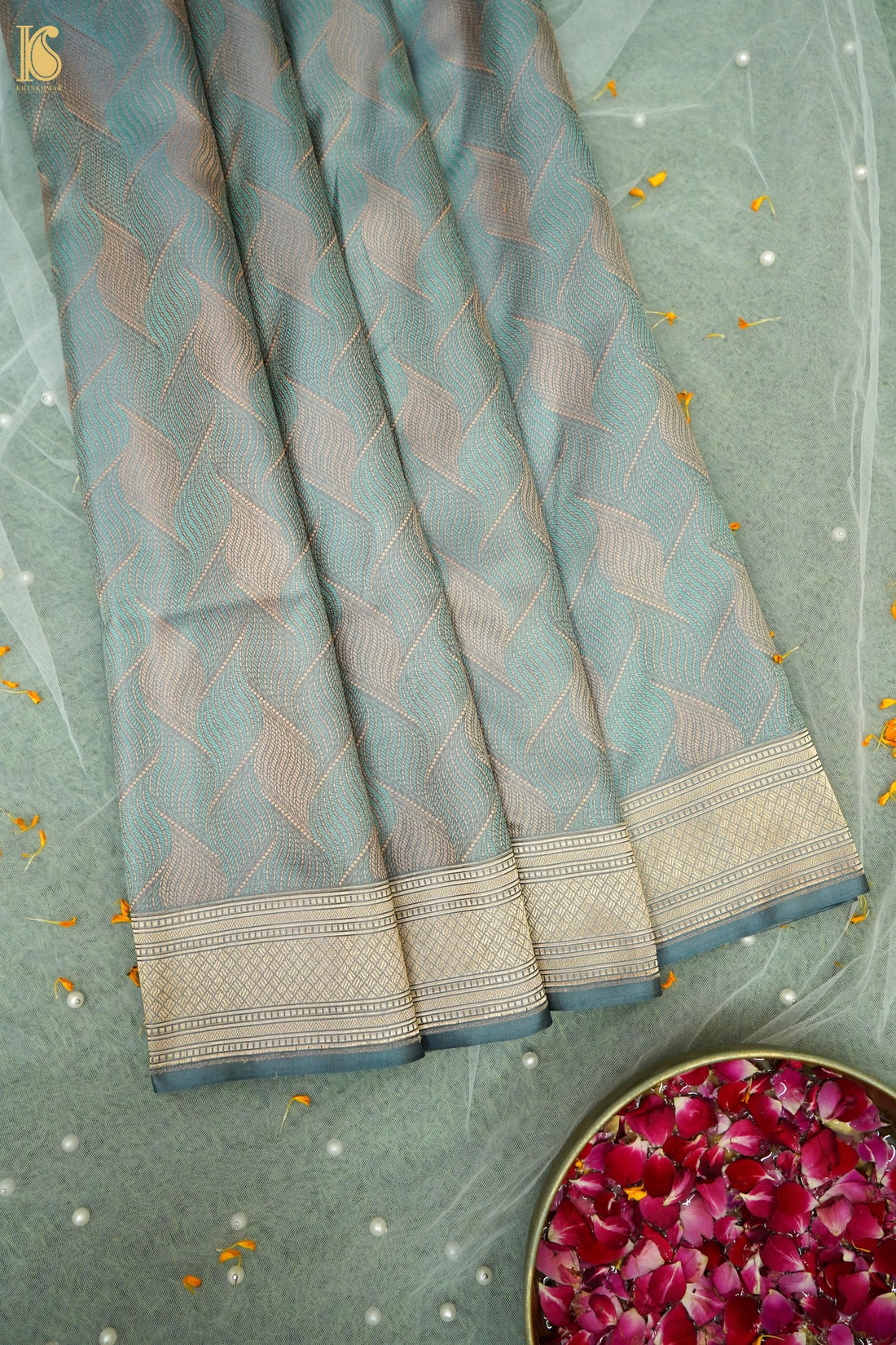 Katan Mashru Tanchoi Laharia Jaal Banarasi Saree in Slate Grey